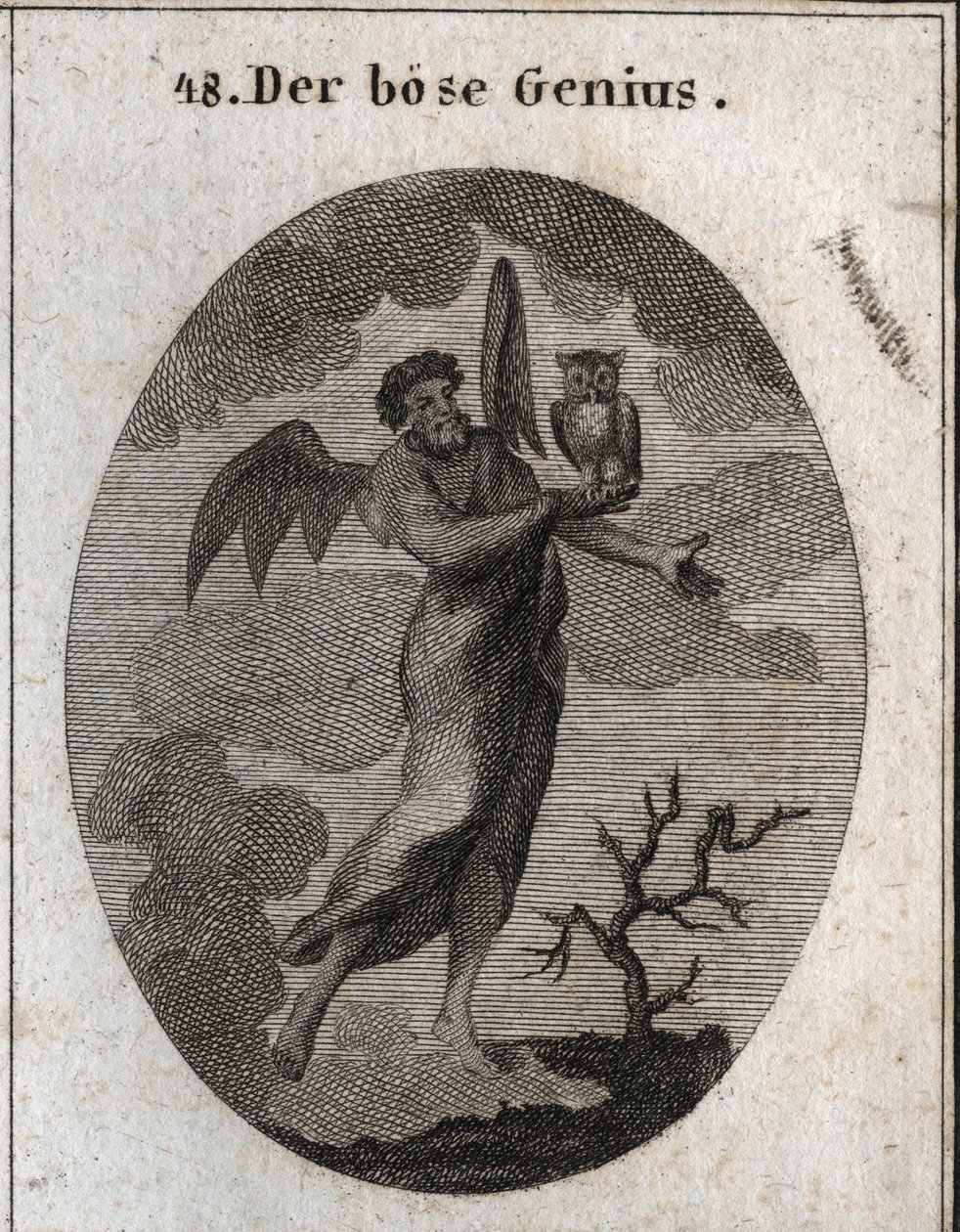 Allegorie des gegensätzlichen Geistes, dargestellt durch einen bösen Geist mit Fledermausflügeln und einer Eule, dem Vogel des schlechten Omen. Gravur in "Iconologie oder Ideen aus dem Gebiete der Leidenschaften und Allegorien bildlich dargestellt für Zeic von Austrian School