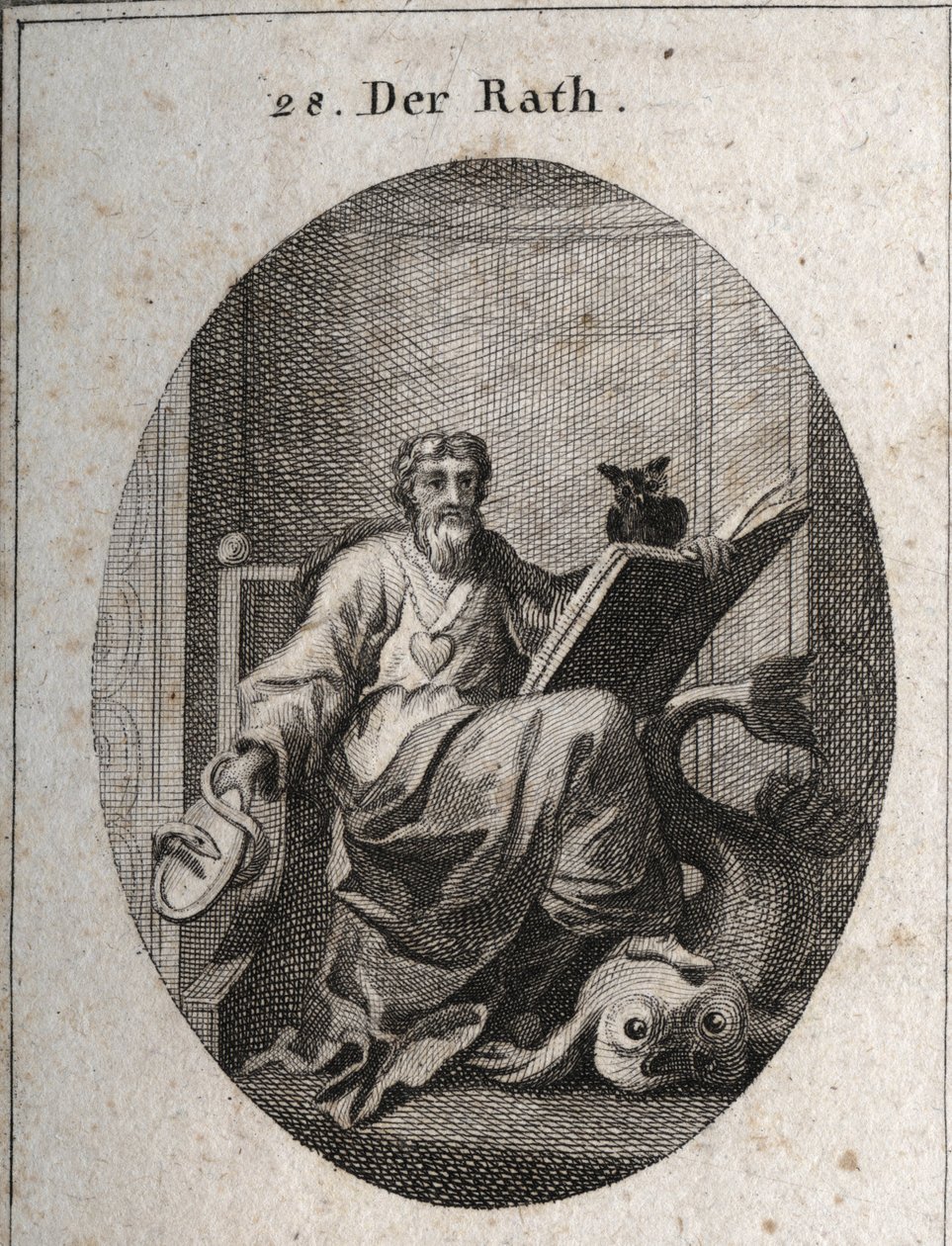 Allegorie des repräsentativen Rates mit einer Goldkette und einem Herzen, Emblem der Aufrichtigkeit. Das Buch und die Eule symbolisieren das Eindringen des Wissens durch Studium. Der von der Schlange umgebene Spiegel ist das Symbol der Vorsicht. Der Delfin von Austrian School