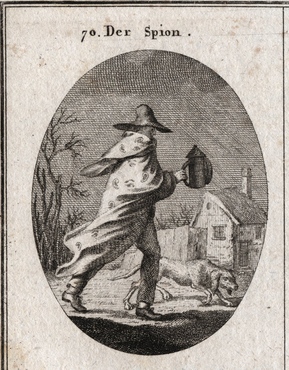 Allegorie des Spions. Sein Mantel ist mit Augen und Ohren übersät und hält eine taube Laterne. Ein Brackhund schnüffelt das Gelände. Gravur in „Iconologie oder Ideen aus dem Gebiete der Leidenschaften und Allegorien bildlich dargestellt für Zeichner, Maler von Austrian School