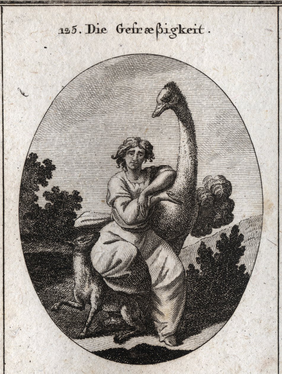 Allegorie der Gefräßigkeit. Der Strauß ist das Attribut der Gier, wir fügen einen mageren und hungrigen Wolf für eine größere Gefräßigkeit hinzu. Gravur in „Iconologie oder Ideen aus dem Gebiete der Leidenschaften und Allegorien bildlich dargestellt für Ze von Austrian School