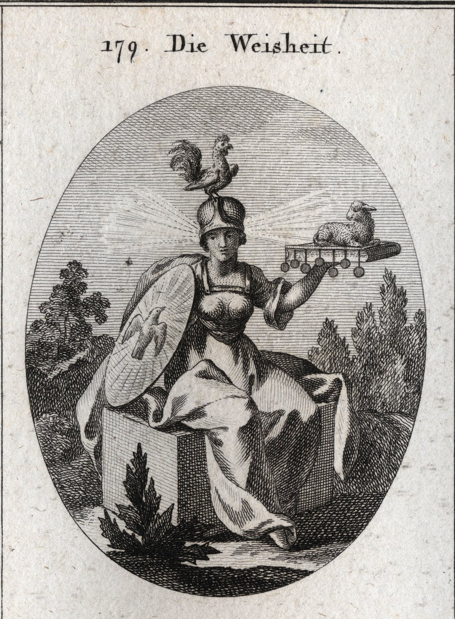 Allegorie der Weisheit. Seine Kleidung und seine weißen Waffen definieren seine Stärke und Reinheit. Der Hahn auf seinem Helm ist das Symbol seiner Intelligenz und Wachsamkeit. Die Lichtstrahlen, die aus seinen Schläfen kommen, bedeuten Würde und Heiligkei von Austrian School