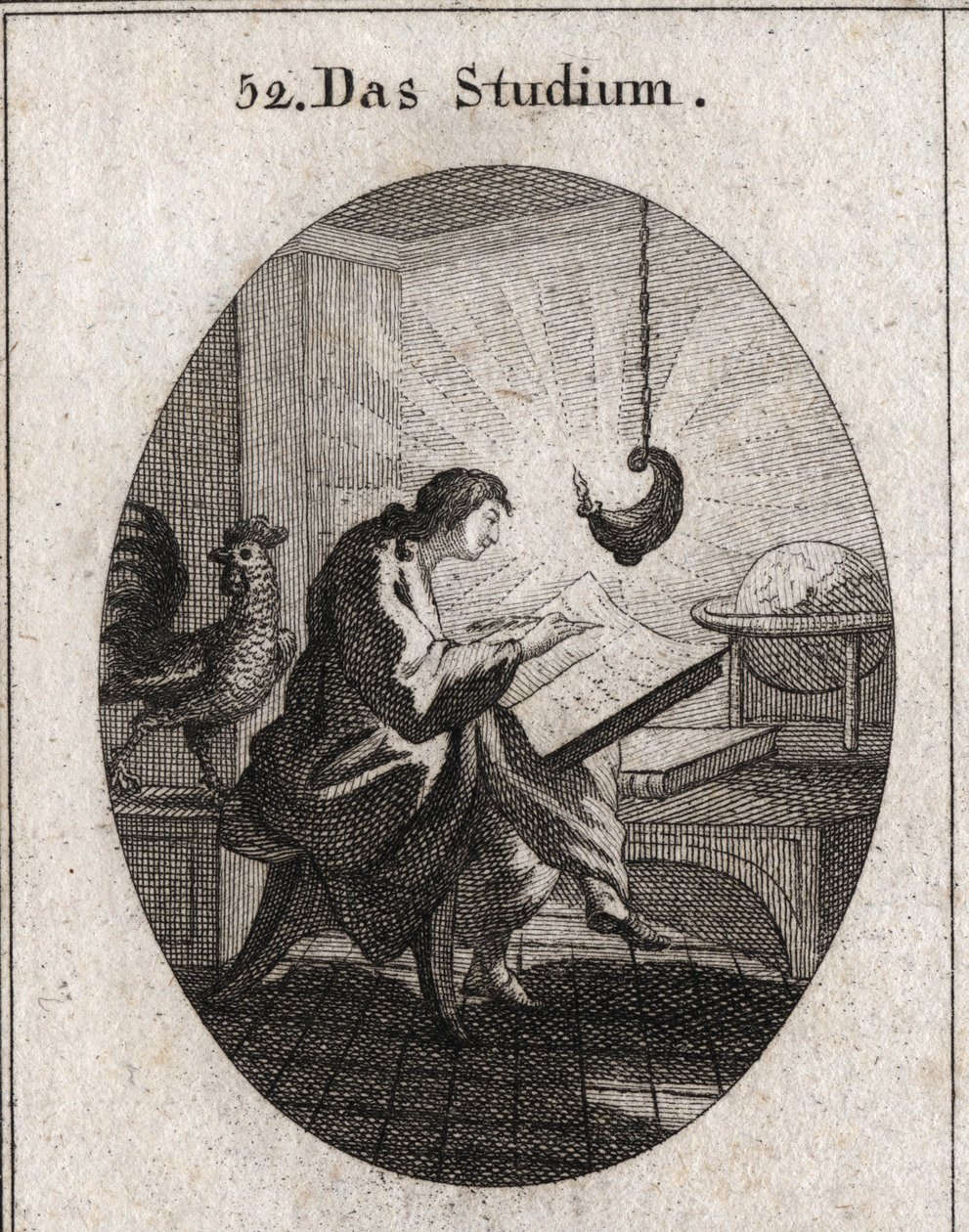 Allegorie des Schreibens an einem von Licht erleuchteten Schreibtisch. Der Hahn ist das Attribut der Wachsamkeit. Gravur in „Iconologie oder Ideen aus dem Gebiete der Leidenschaften und Allegorien bildlich dargestellt für Zeichner, Maler, Dichter, Gelehrte von Austrian School