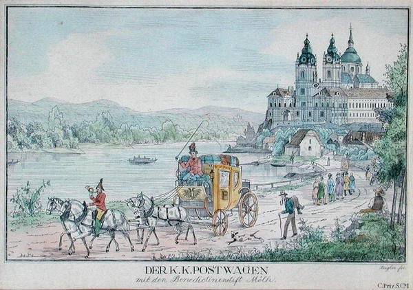 Kaiserlicher österreichischer Postkutschenwagen vor dem Stift Melk an der Donau, frühes 19. Jahrhundert von Austrian School