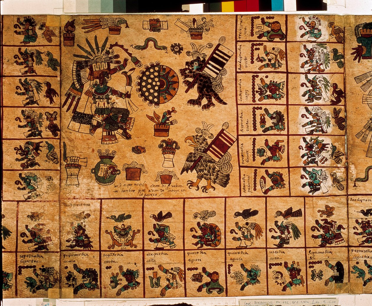 Darstellung aztekischer Gottheiten und Kästchen des Kalenders. Seite des aztekischen Manuskripts auf Rinde 