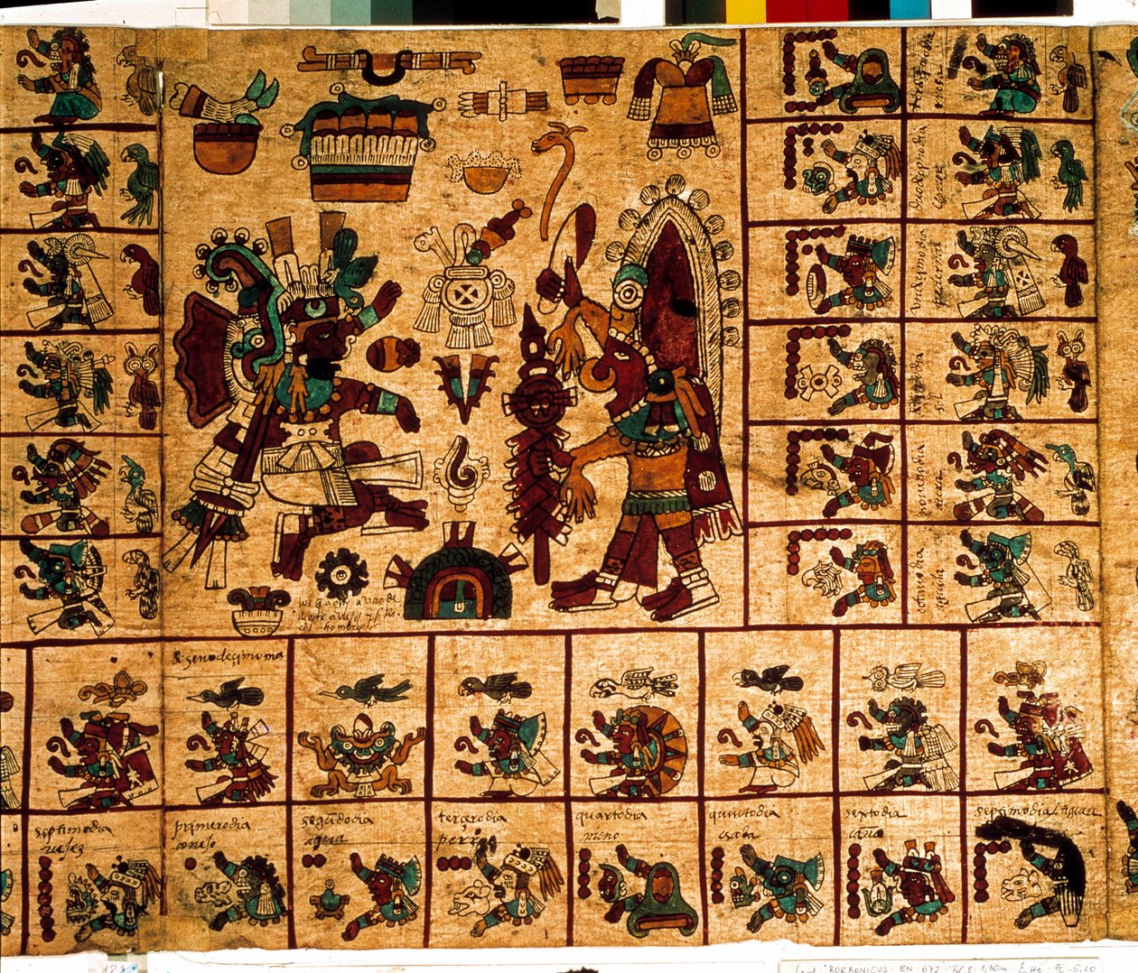 Darstellung aztekischer Gottheiten und Kästchen des Kalenders. Seite des aztekischen Manuskripts auf Rinde 