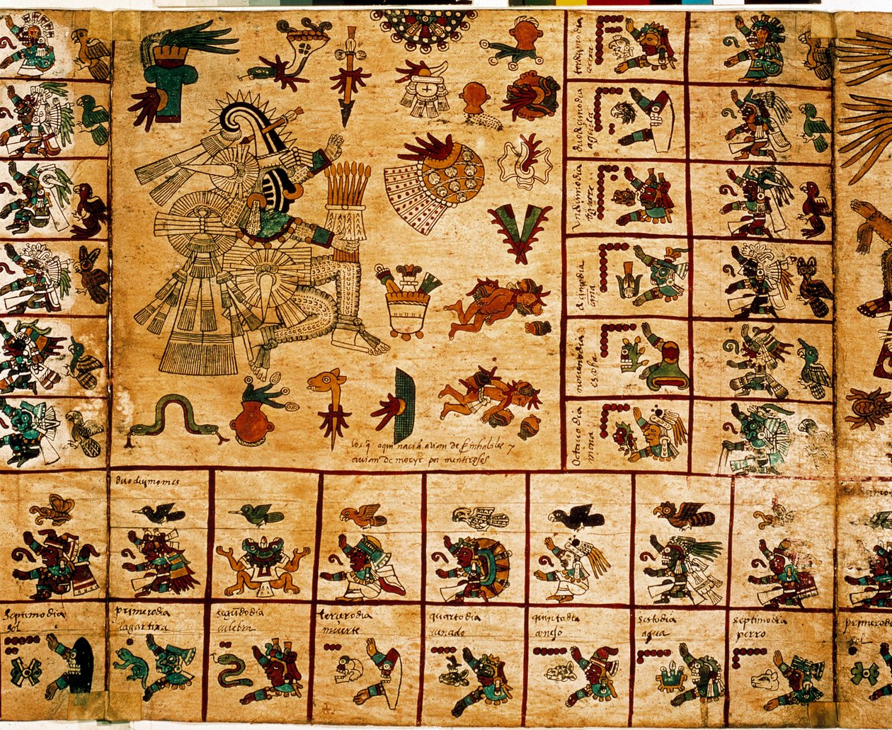 Darstellung aztekischer Gottheiten und Kalenderkästchen. Seite des aztekischen Manuskripts auf Rindenpapier „Codex Borbonicus“, präkolumbianischer indigener Kodex aus Zentralmexiko, Ende des 15. Jahrhunderts. Bibliothek der Nationalversammlung (Palais Bour von Aztec