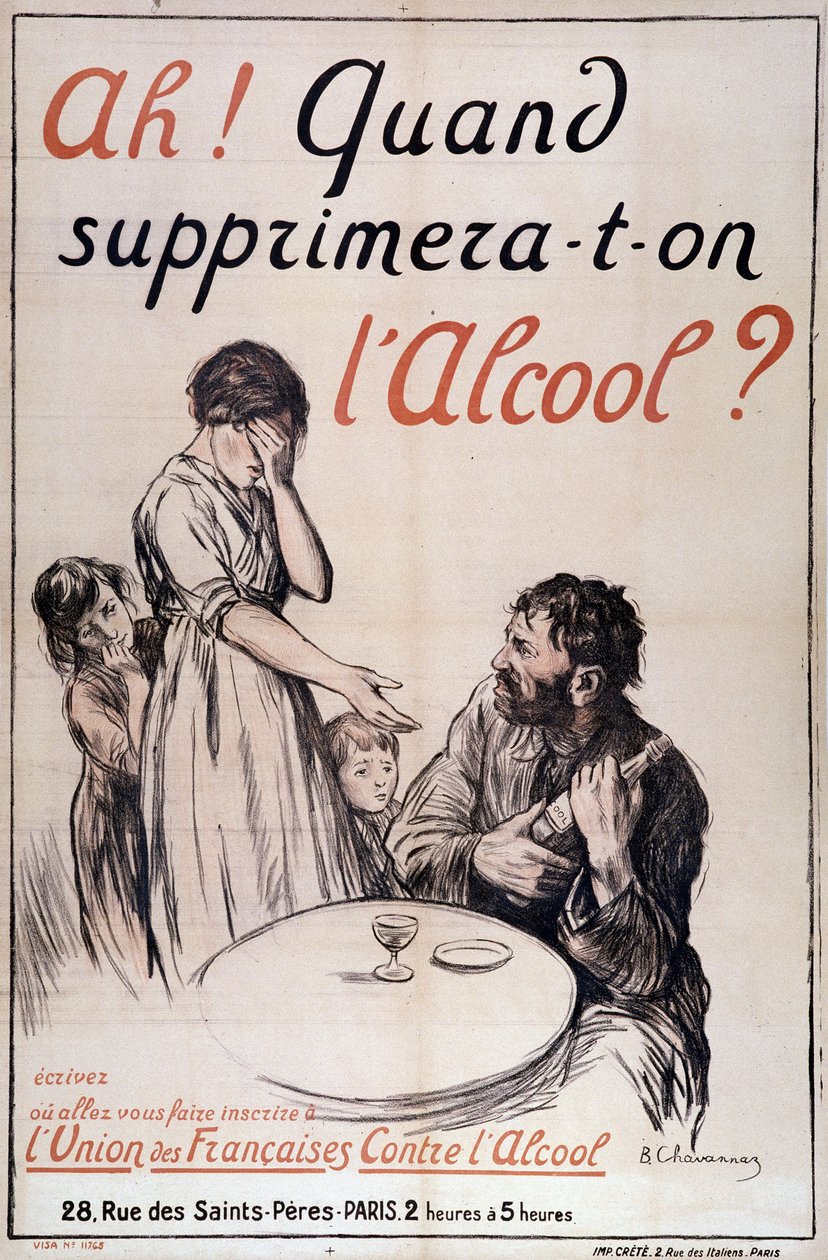 Alkoholismus: „Wann wird Alkohol entfernt?“ ca. 1910 (Lithographie) von B. Chavannaz