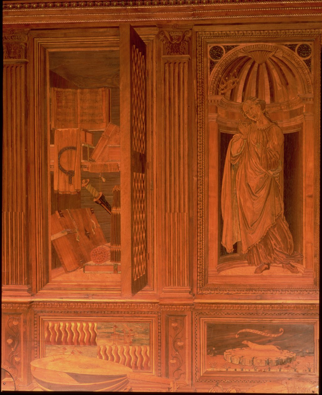 Das Arbeitszimmer von Federigo da Montefeltro, Herzog von Urbino: Intarsienverkleidung, die (L) einen offenen Bücherschrank und (R) Hoffnung in einer architektonischen Nische mit Musikinstrumenten auf einem Regal darunter darstellt von Baccio Pontelli