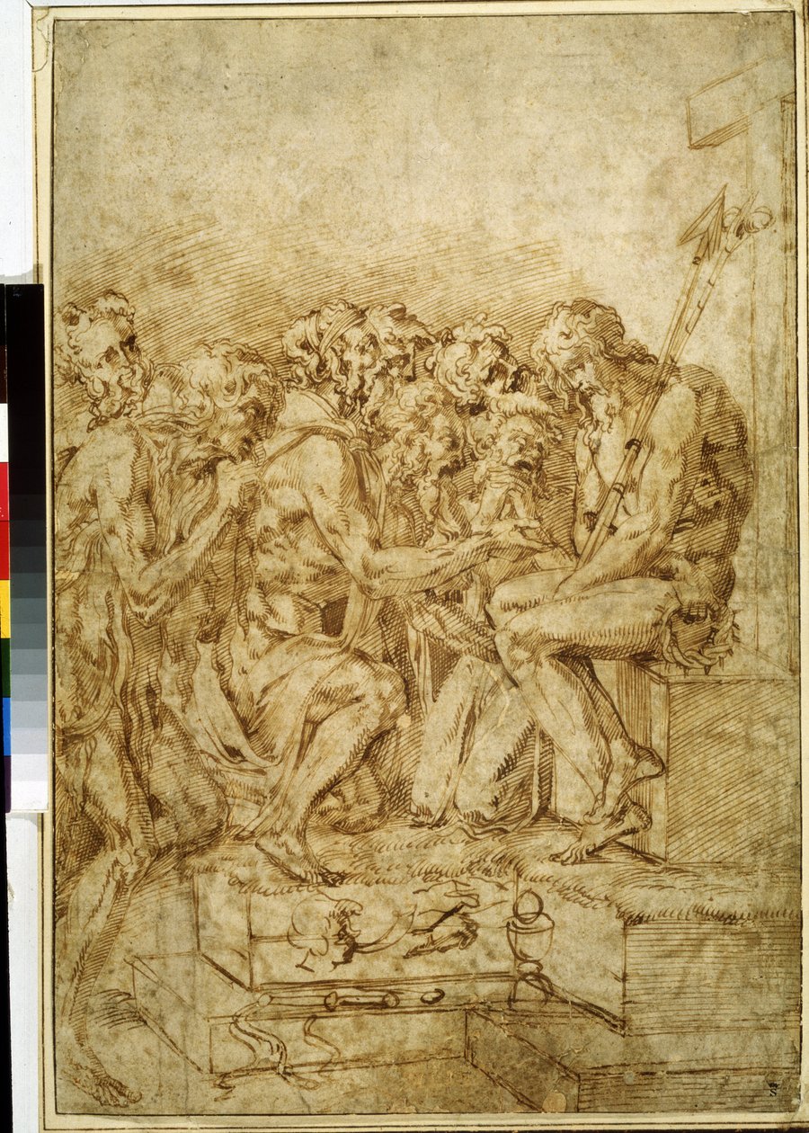Christus mit den Symbolen der Passion, umgeben von sieben Figuren, Zeichnung von Baccio Bandinelli (1493-1560) 16. Jahrhundert, Puschkin-Museum, Moskau von Baccio Bandinelli