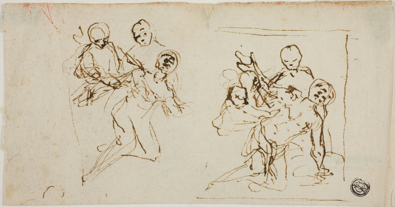Zwei Kompositionsskizzen einer zusammenbrechenden Figur, gestützt von zwei anderen Figuren (recto); Kompositionsskizze einer knienden Figur, begleitet von zwei anderen Figuren von Baldassare Franceschini