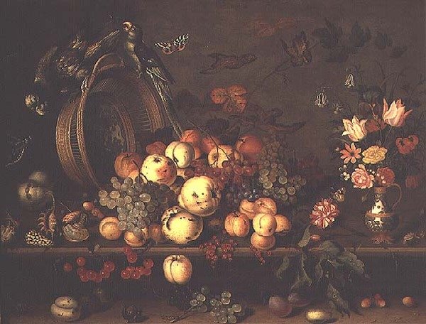 Stillleben mit Früchten, Blumen und Papageien, frühe 1620er Jahre von Balthasar van der Ast