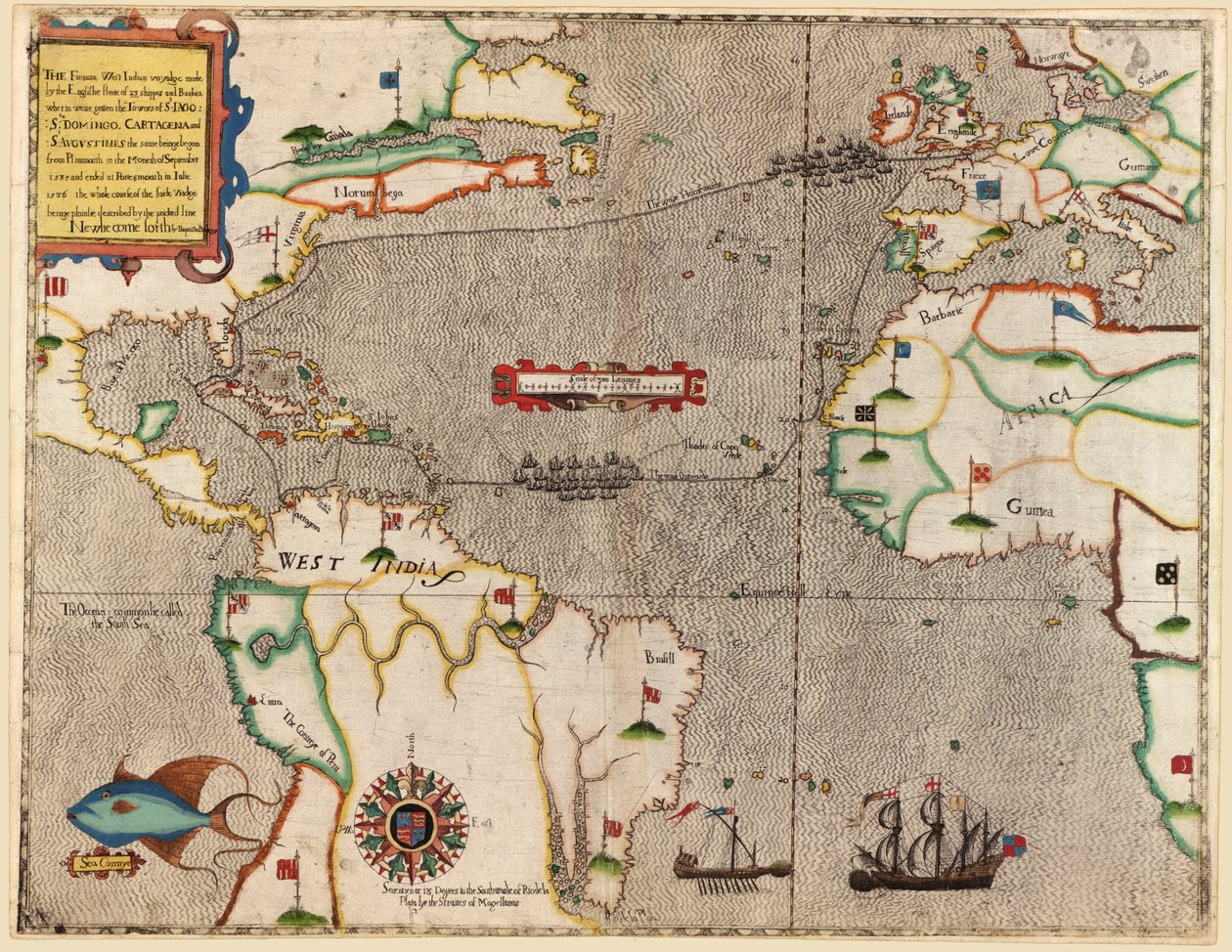 Route von Drakes Reise über den Atlantik, 1586 von Baptista Boazio