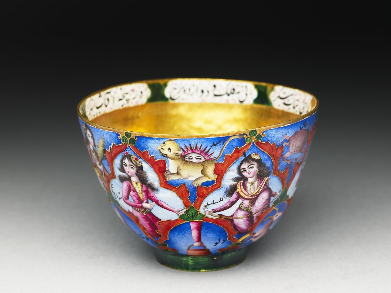 Gedeckter Schüssel, Untertasse und Löffel mit astrologischer Dekoration, frühes 19. Jahrhundert von Baqir