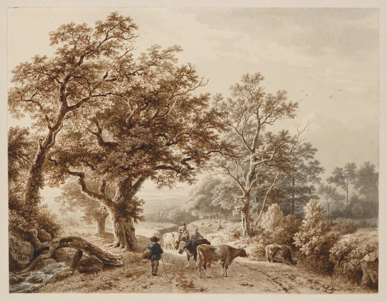 Eine Landschaft mit schwerem Eichenholz, bestückt mit Vieh und Figuren von Barend Cornelis Koekkoek