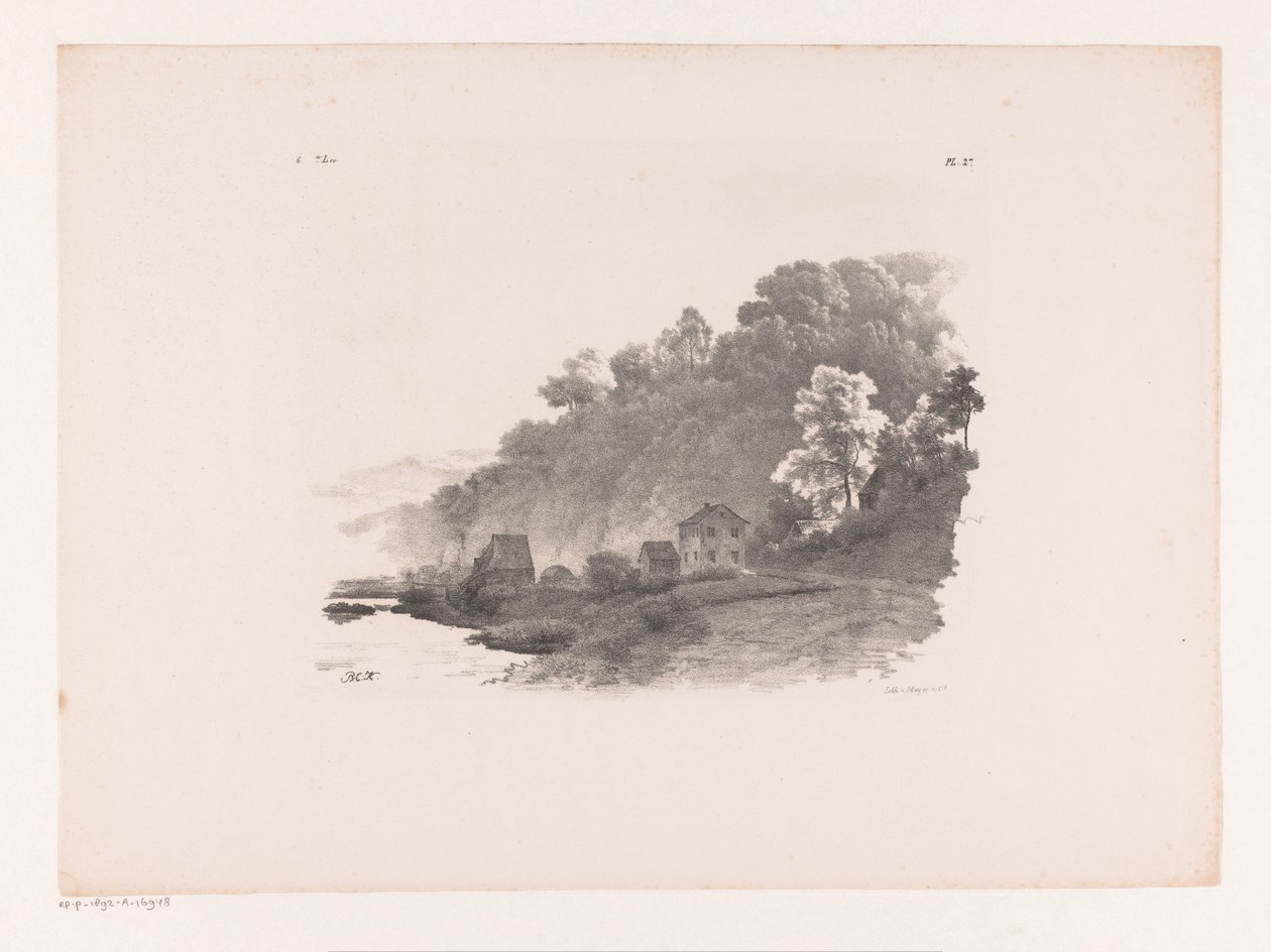 Hügellandschaft mit Fluss, Landstraße und Häusern von Barend Cornelis Koekkoek