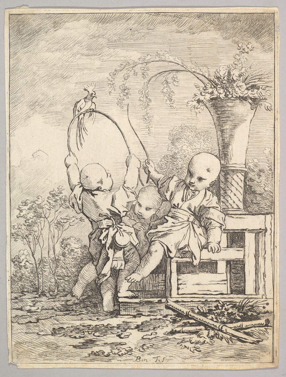 Chinesische Kinder spielen mit einem Papagei, 1760-70 von Baron de Thiers Louis Antoine Crozat