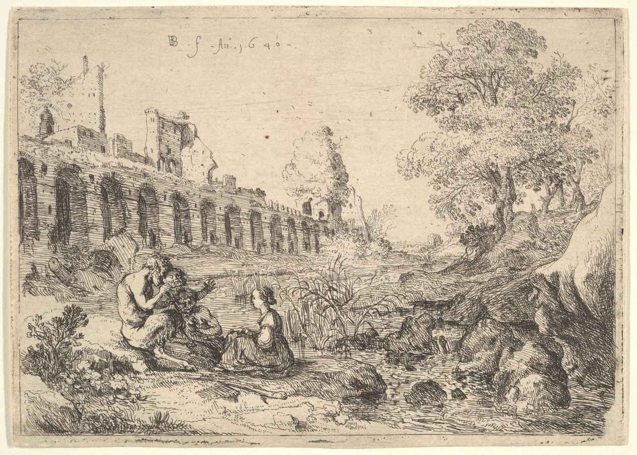 Korsika sitzt vor Satyrn am Ufer eines Flusses, aus einem Paar Platten für Battista Gu..., 1640 von Bartholomeus Breenbergh