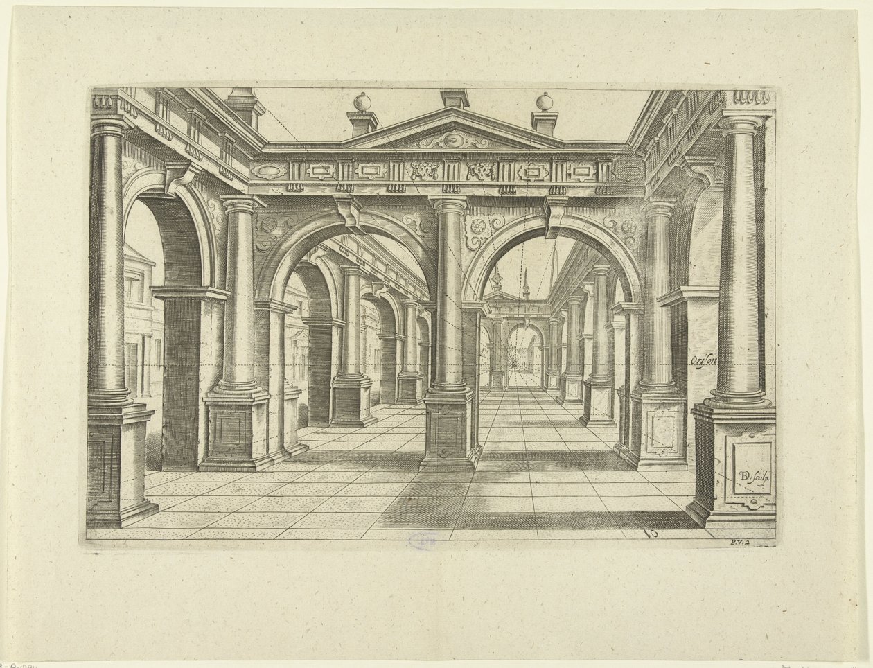 Gebäude mit doppeltem Bogen in der Mitte im dorischen Stil von Bartholomeus Willemsz. Dolendo