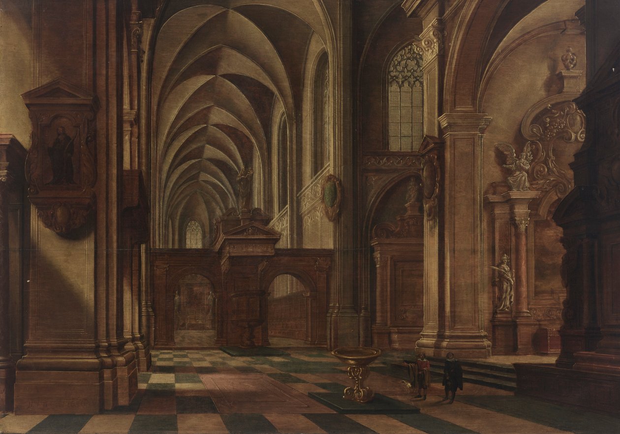 Innenraum einer katholischen Kirche mit Figuren und einem Hund am Taufbecken im Vordergrund von Bartholomeus van Bassen
