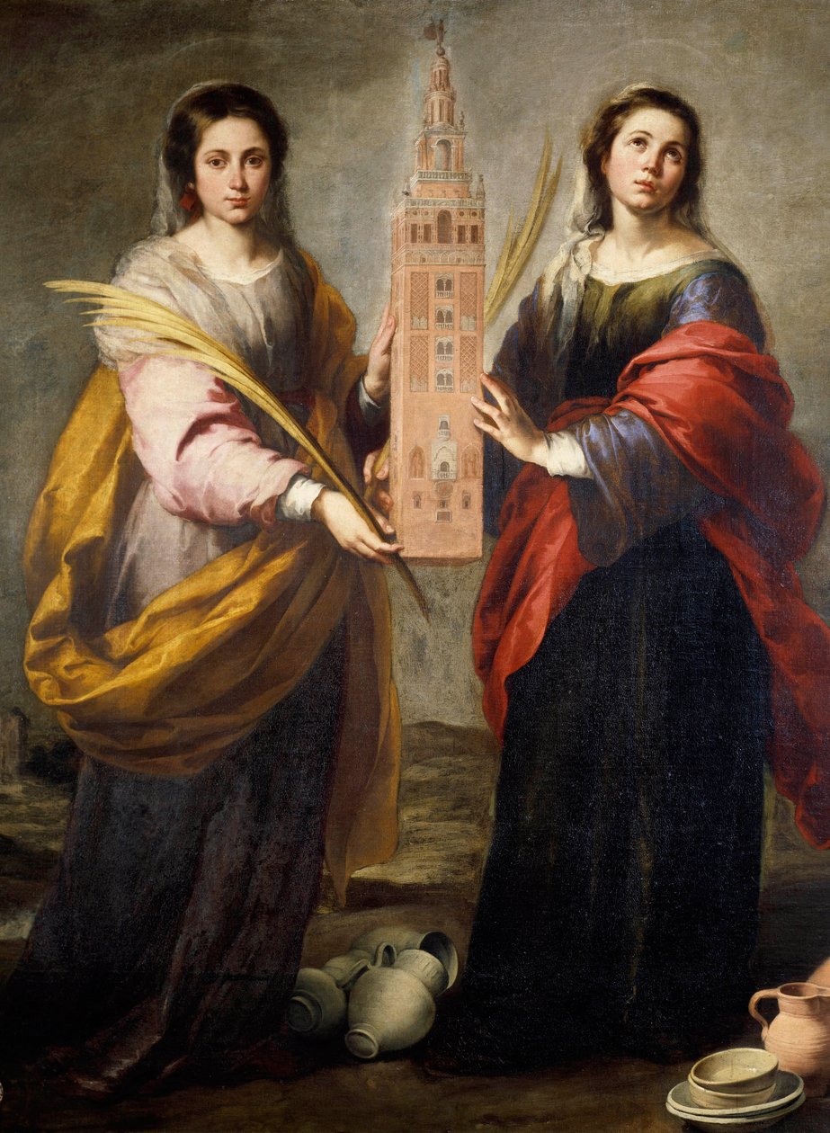 Heilige Justa und Rufina (oder Ruffina) Schutzpatroninnen der Stadt Sevilla, sie tragen die Giralda, das ehemalige Minarett der Großen Moschee, das zum Glockenturm der Kathedrale von Sevilla geworden ist - Gemälde von Bartolome Murillo (1618-1682) um 1665 von Bartolomé Esteban Murillo