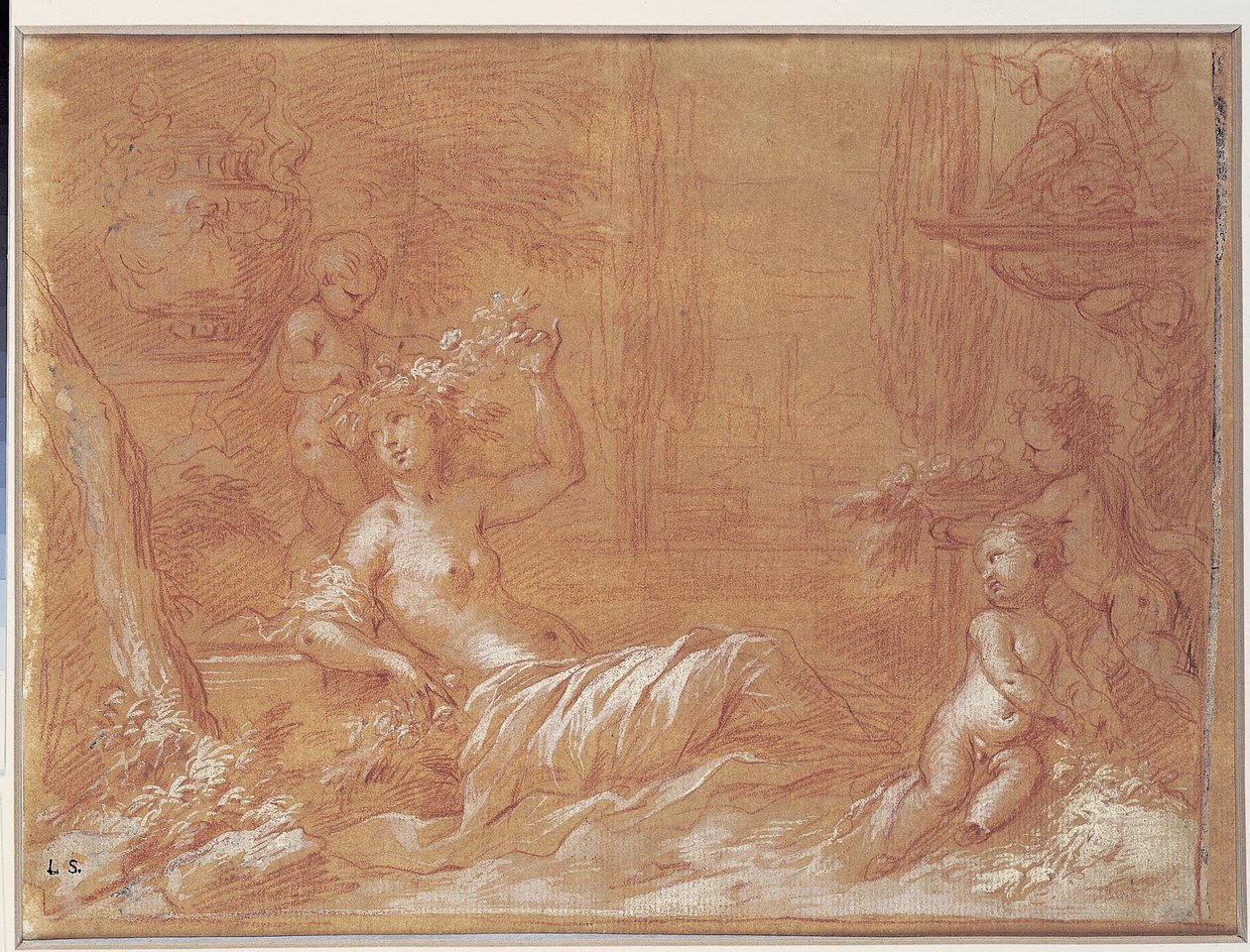Liegende Nymphe in einem Garten mit Brunnen, Vase und drei Cupidos von Bartolomeo Biscaino