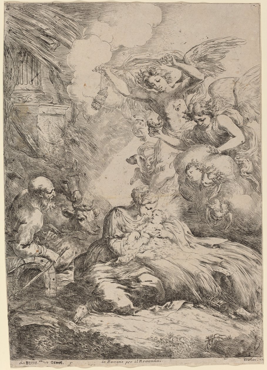 Die Heilige Familie von Engeln angebetet Die große Geburt von Bartolomeo Biscaino