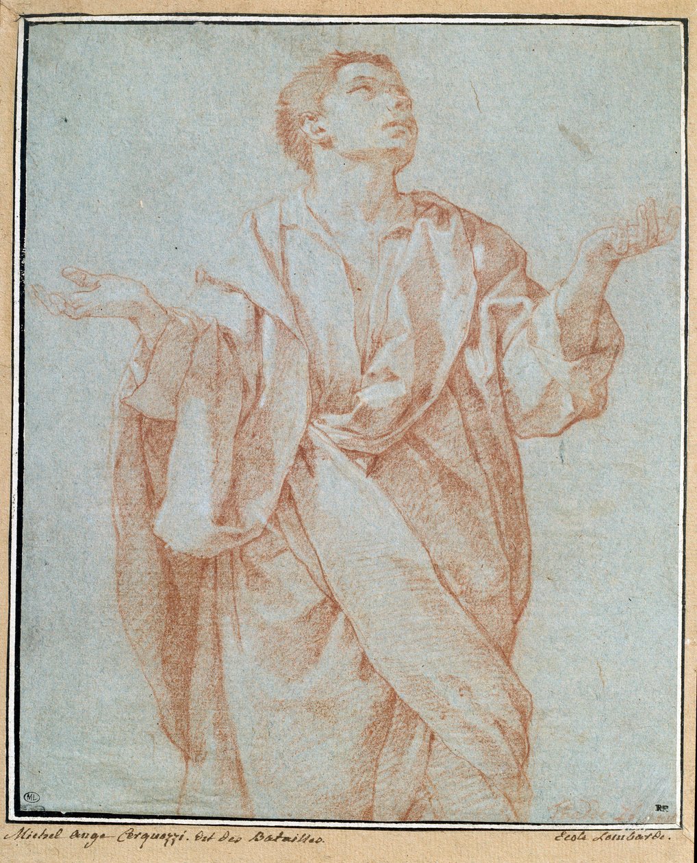 Mann in Gewändern, Arme geöffnet, Augen zum Himmel erhoben, Kopf geneigt. Zeichnung a la sanguine von Bartolomeo Cesi (1556-1620) von Bartolomeo Cesi
