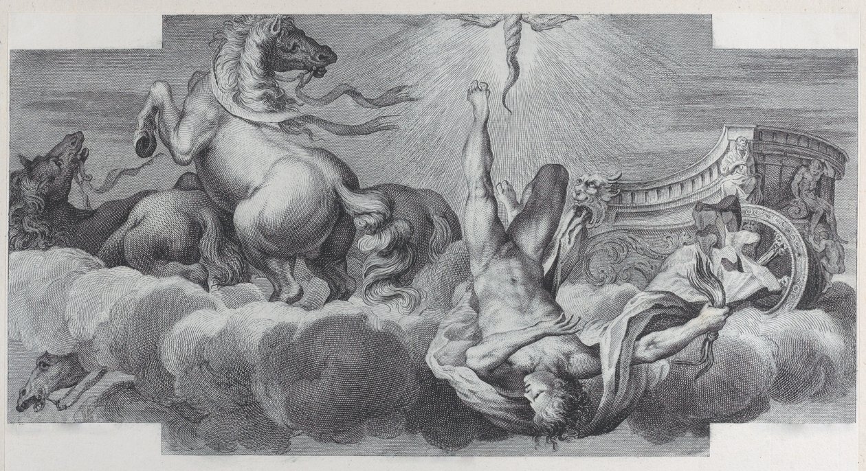 Tafel 34: Auriga, der Wagenlenker, fällt in der Mitte vom Wagen, mit drei Pferden..., 1756. Schöpfer: Bartolomeo Crivellari, Gabriel Söderling von Bartolomeo Crivellari, Gabriel Söderling