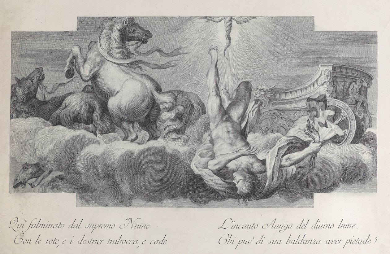 Tafel 34: Auriga, der Wagenlenker, fällt in der Mitte vom Wagen, mit drei Pferden, 1756 von Bartolomeo Crivellari
