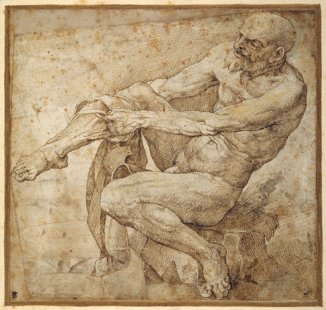 Nackter Mann, der seine Strümpfe anzieht, nach Marcantonio Raimondi und Michelangelo Buonarroti von Bartolomeo Passarotti
