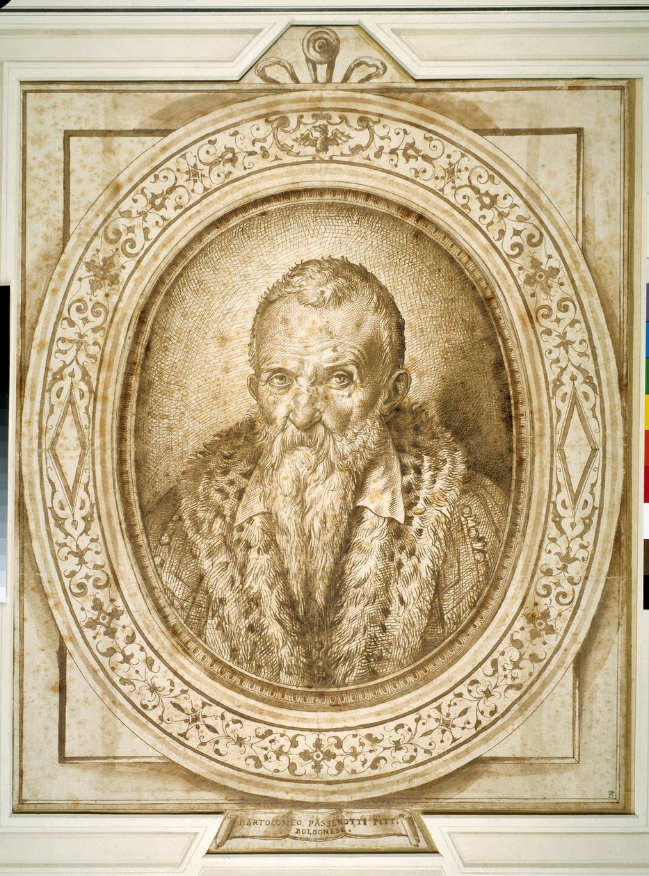 Selbstporträt im Alter, mit simuliertem Rahmen von Bartolomeo Passarotti