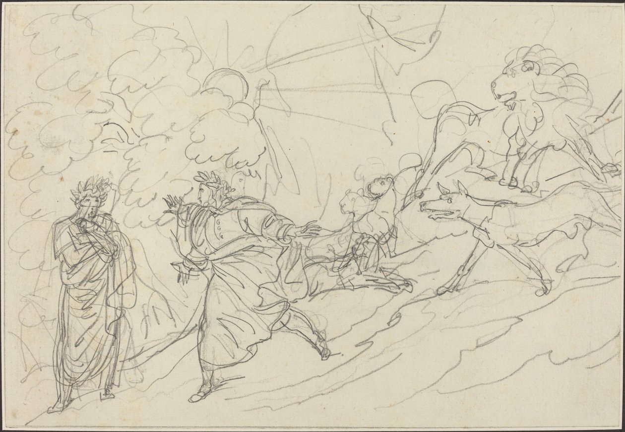 Dante flieht vor den wilden Tieren und trifft Virgil von Bartolomeo Pinelli