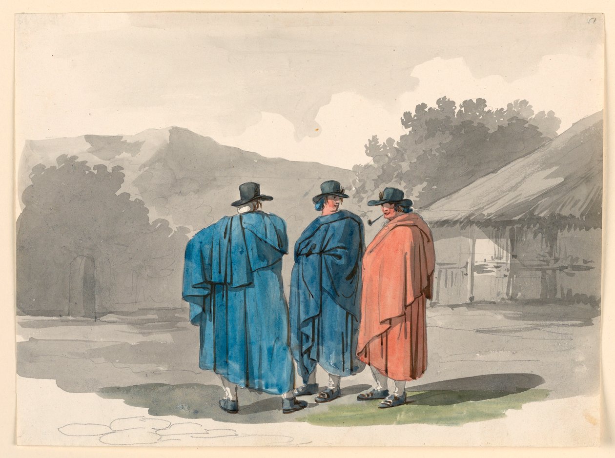 Zeichnung, Eine Gruppe von drei Bauern in einem Dorf, 1807–08 von Bartolomeo Pinelli