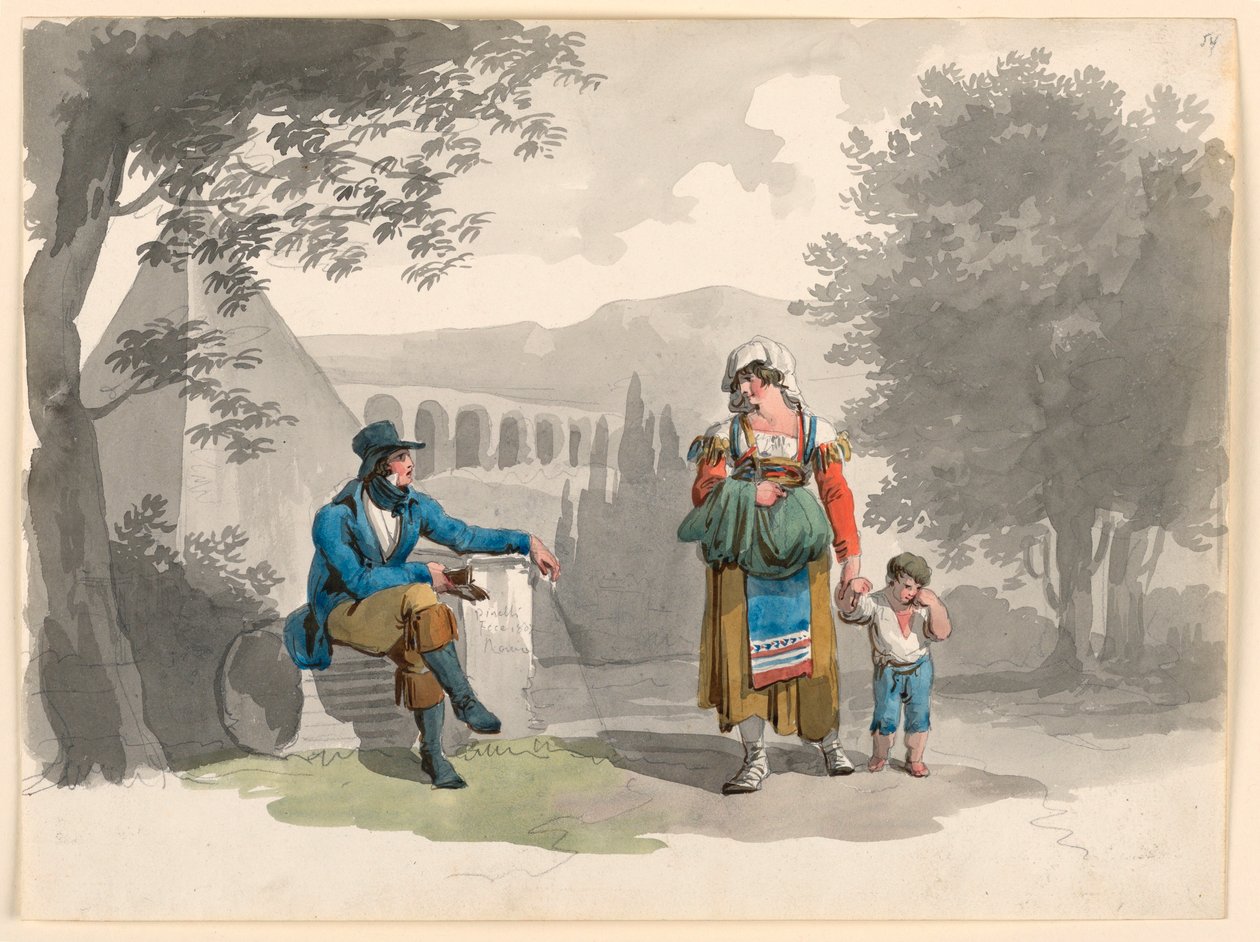 Frau hält einen Jungen an der Hand und geht an einem sitzenden Herrn unter Ruinen in der Campagna vorbei von Bartolomeo Pinelli