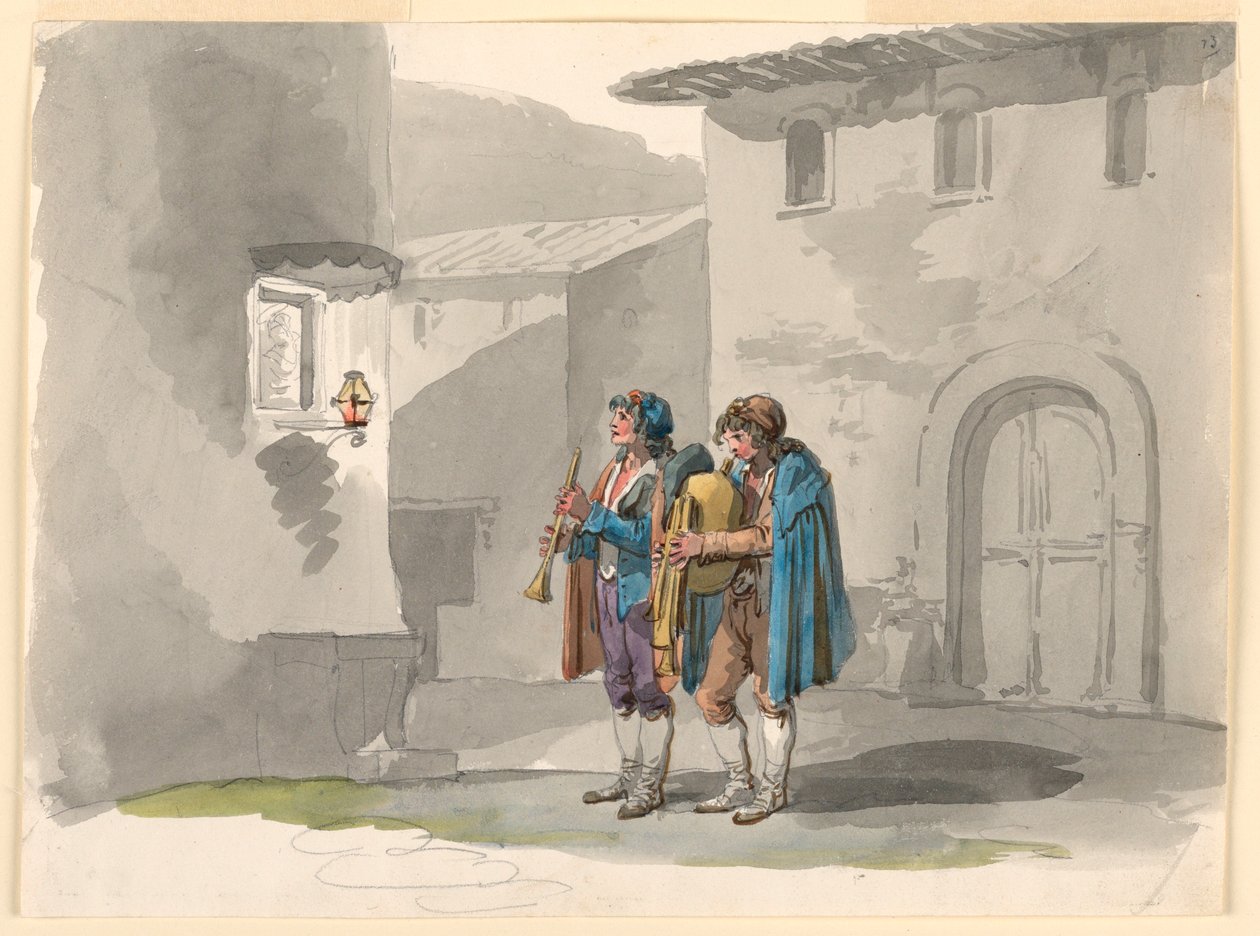 Zeichnung, Pifferari, Zwei Pfeifer aus den Abruzzen in Rom, 1807–08 von Bartolomeo Pinelli
