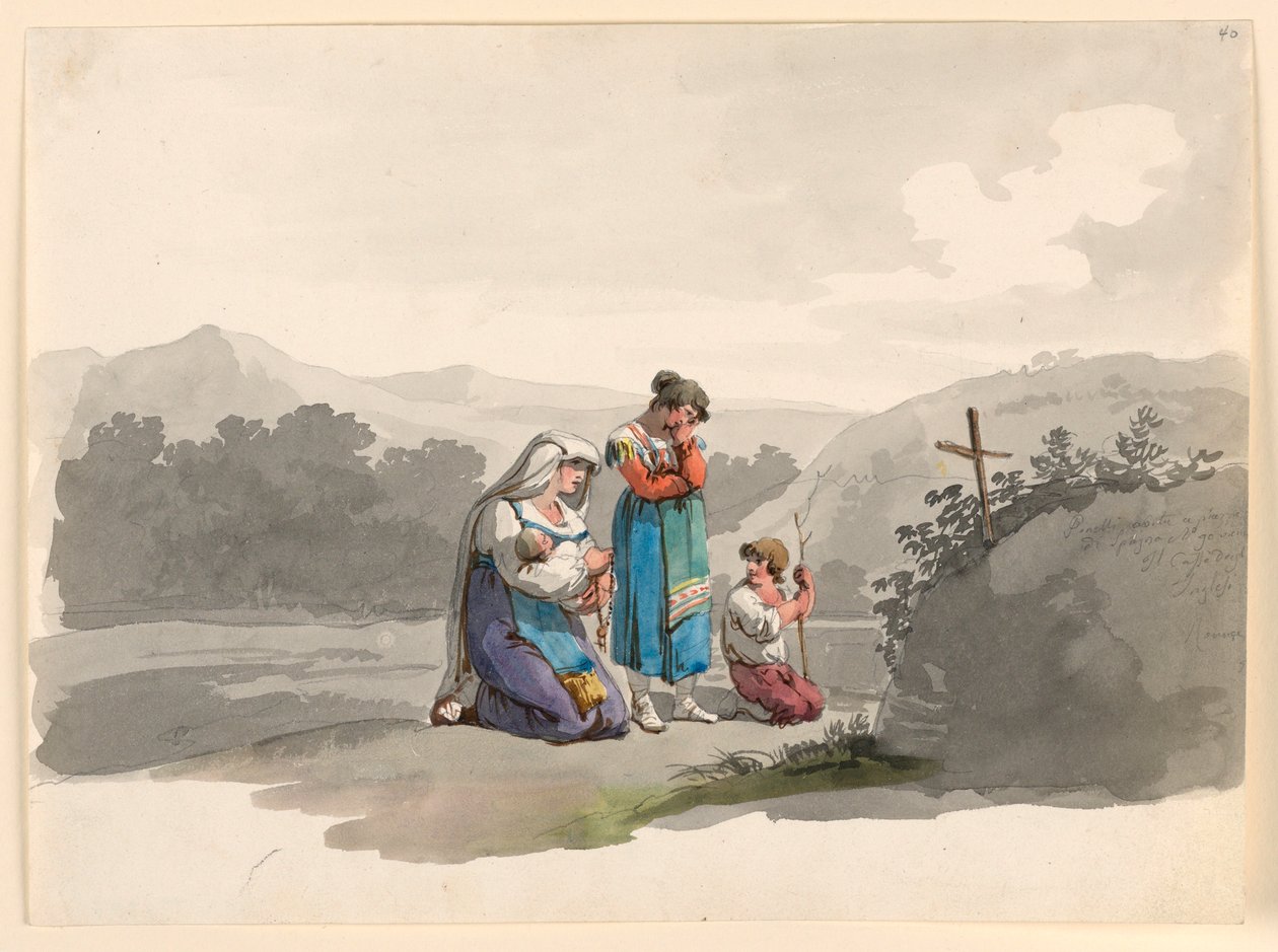 Frau mit einem Baby betet vor dem Kreuz, das den Ort markiert, an dem ihr Mann getötet wurde, 1807–08 von Bartolomeo Pinelli