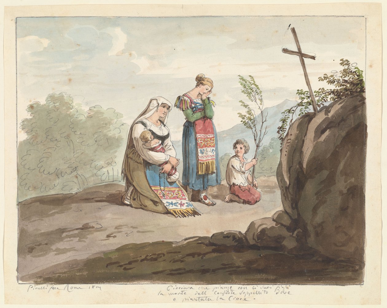 Bäuerin mit ihren weinenden Kindern vor der Grabstätte mit einem Kreuz, Illustration für Römische Kostüme und Bräuche von Bartolomeo Pinelli