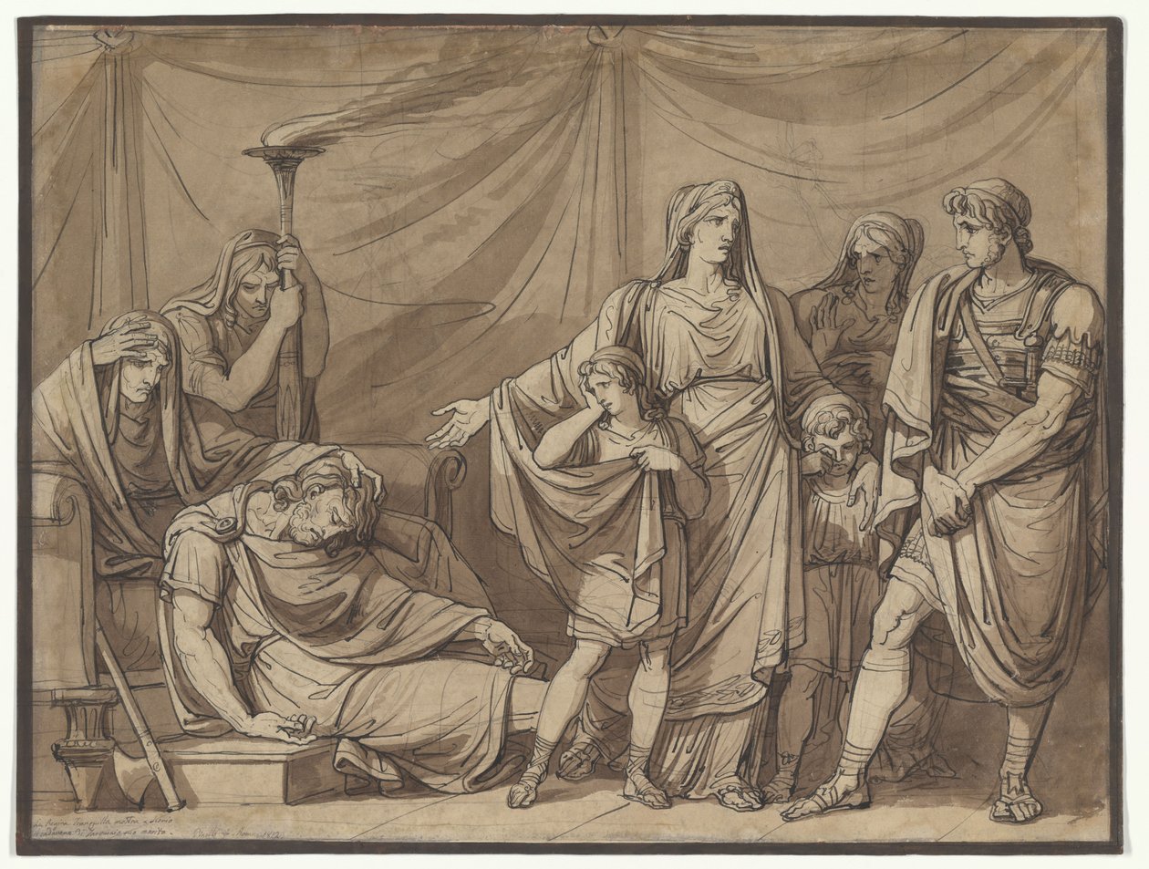 Königin Tranquilla wird die Leiche ihres Mannes Tarquin gezeigt, Illustration für Charles Rollins Istoria Romana von Bartolomeo Pinelli