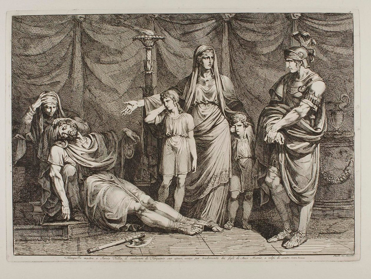 Tanaquilla zeigt den toten Körper von Tarquinio für Servius Tullius von Bartolomeo Pinelli