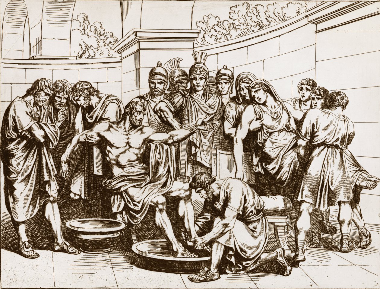 Der römische Philosoph Seneca (Lucius Annaeus Seneca, 4 v. Chr.-65 n. Chr.), beschuldigt, an einer Verschwörung gegen Kaiser Nero teilgenommen zu haben, wurde zum Selbstmord verurteilt - Gravur von Bartolomeo Pinelli - Tod des Seneca, Gravur von Bartolomeo von Bartolomeo Pinelli