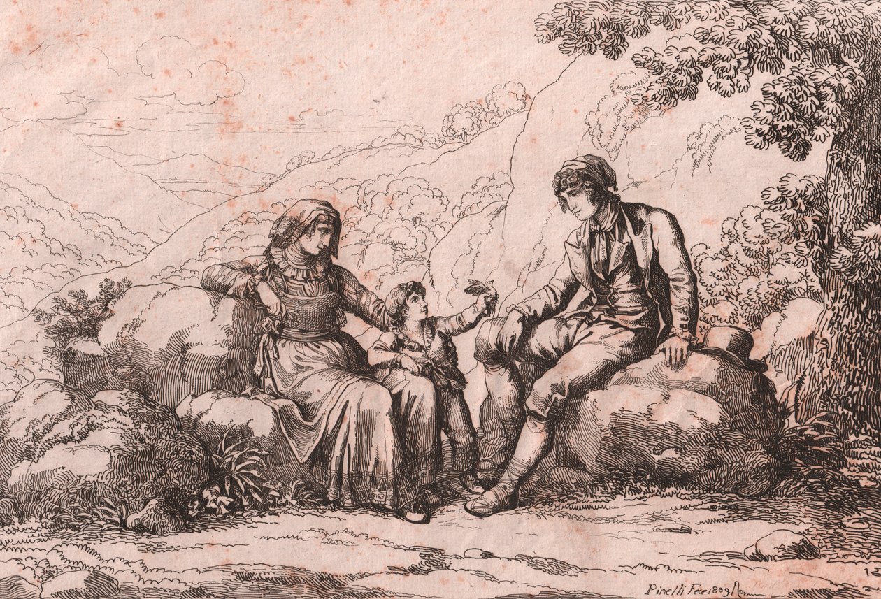 Zwei Bürgerliche mit einem Baby, Schiavi, Abruzzen, Radierung von Bartolomeo Pinelli (Rom) von Bartolomeo Pinelli