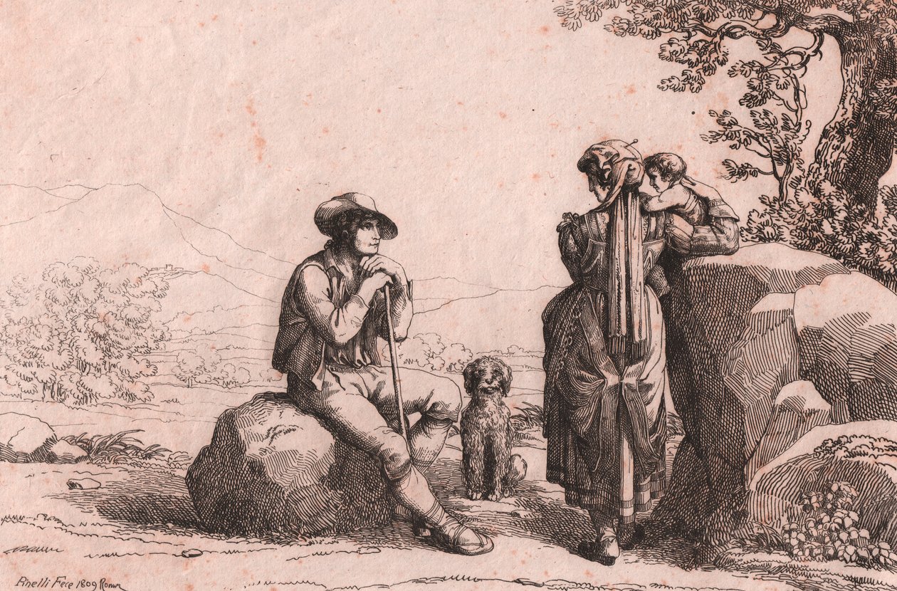Zwei Bürger mit einem Baby und einem Hund in Fraine, Abruzzen von Bartolomeo Pinelli