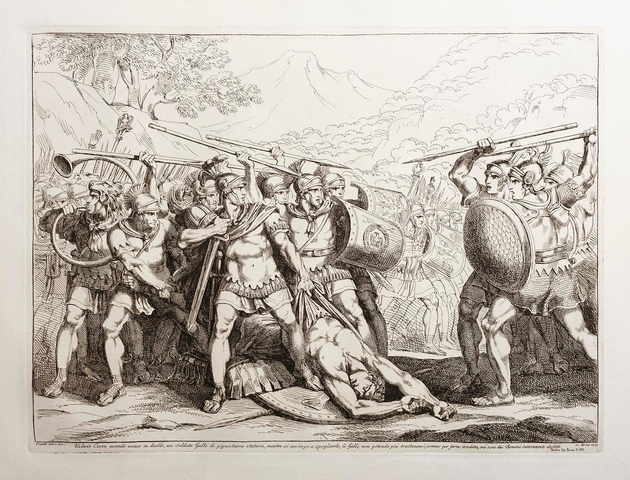 Valerio Corvo, der einen gallischen Soldaten von gigantischer Statur im Duell getötet hat, während er ihn ausziehen will, können sich die Gallier nicht zurückhalten und laufen, um ihn zu rächen, aber sie werden von den Römern vollständig besiegt von Bartolomeo Pinelli
