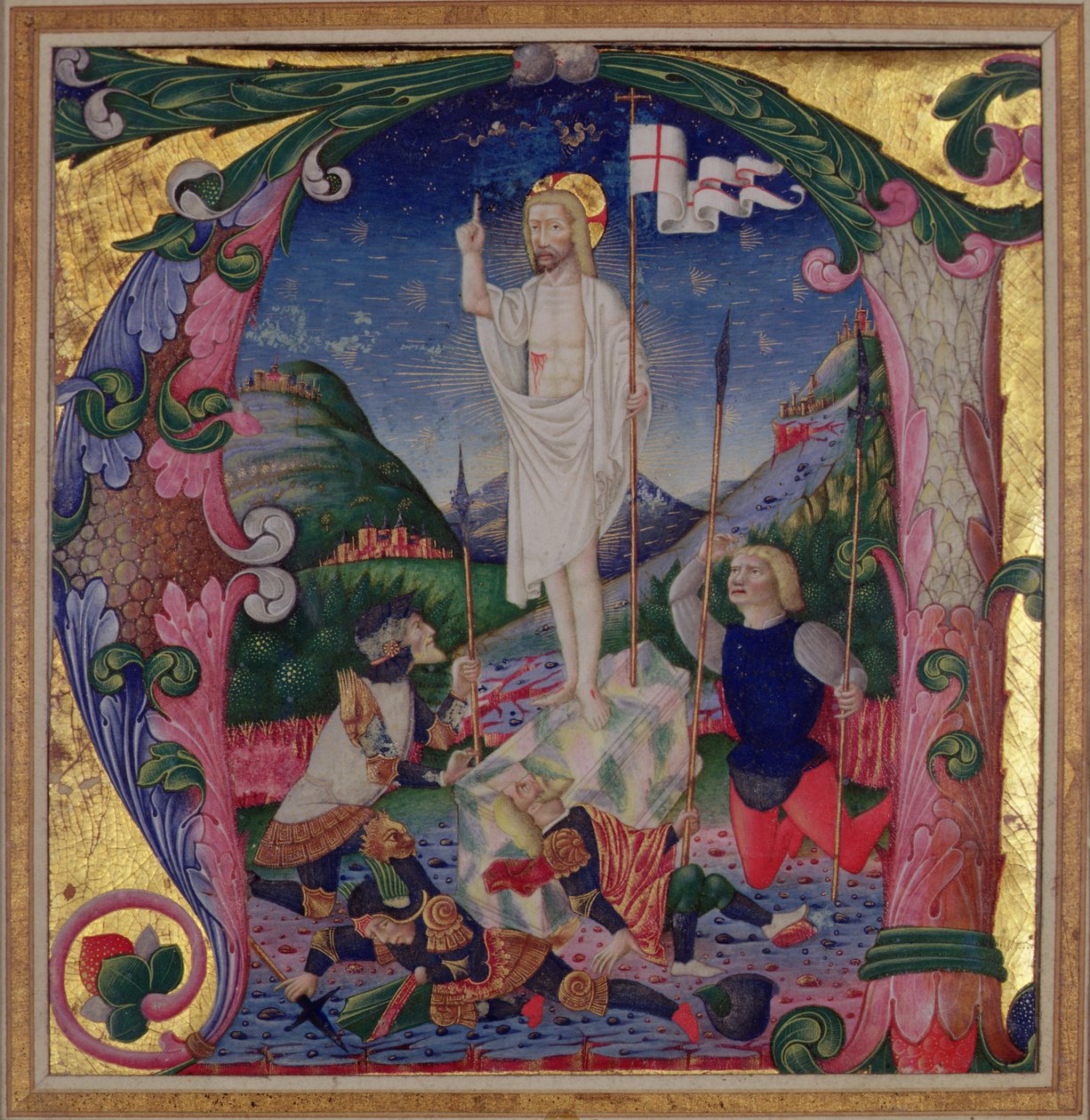 Illustrierter Initialbuchstabe A, der die Auferstehung Christi darstellt, Lombardische Schule von Bartolomeo de Rigossi da Gallarate attr. to Bartolomeo de Rigossi da Gallarate attr. to