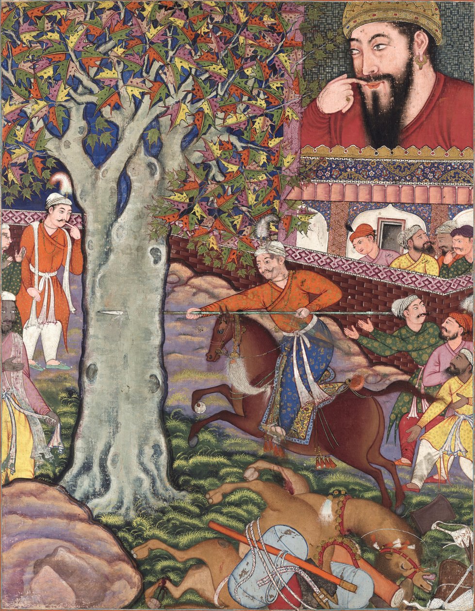 Mahlaj zeigt seine Fertigkeit Zumurrud Shah und durchbohrt einen Baum (aus dem Hamzanama) von Basawan