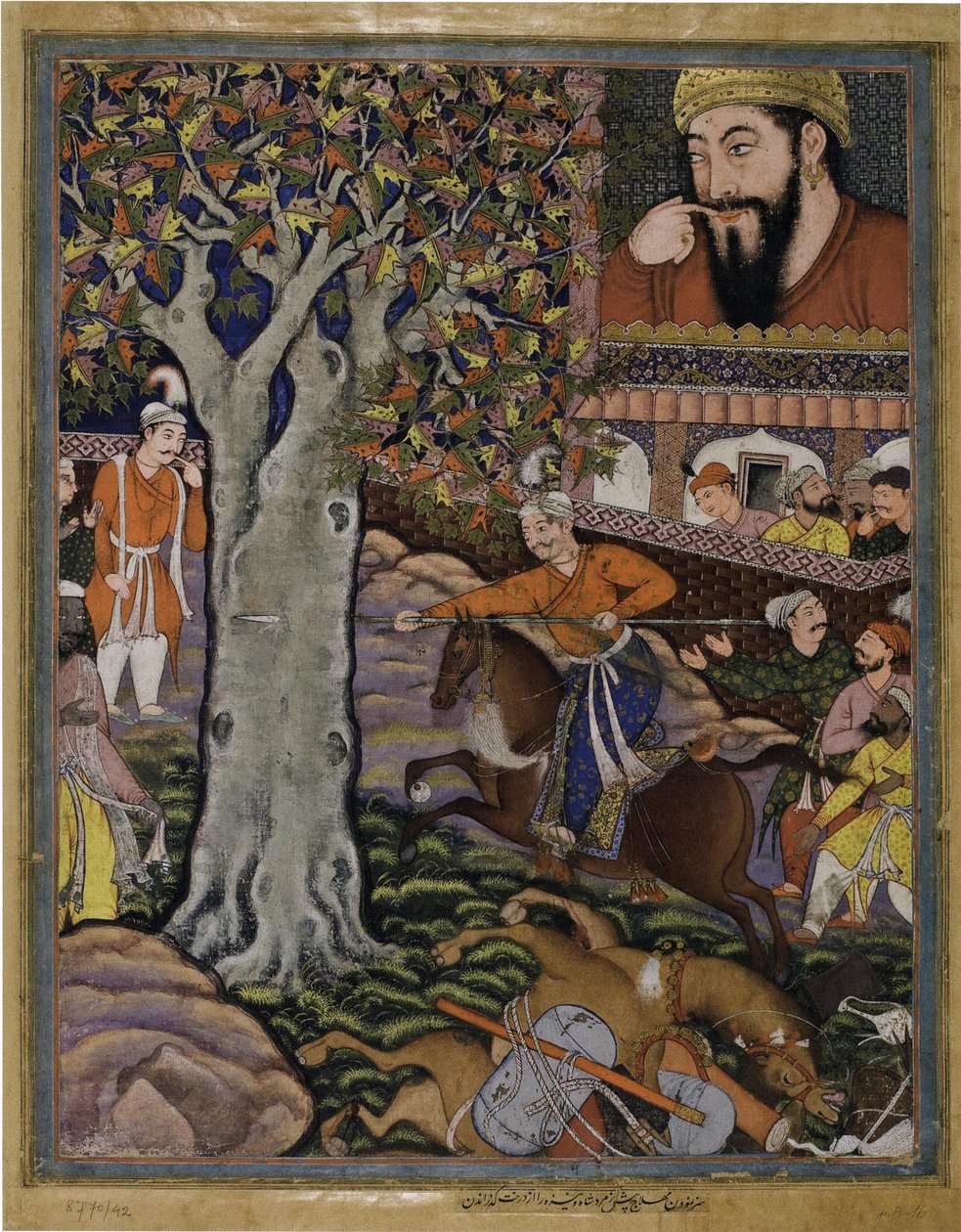 Mahlaj zeigt seine Fertigkeit Zumurrud Shah und durchbohrt einen Baum (aus dem Hamzanama, Band 11) von Basawan