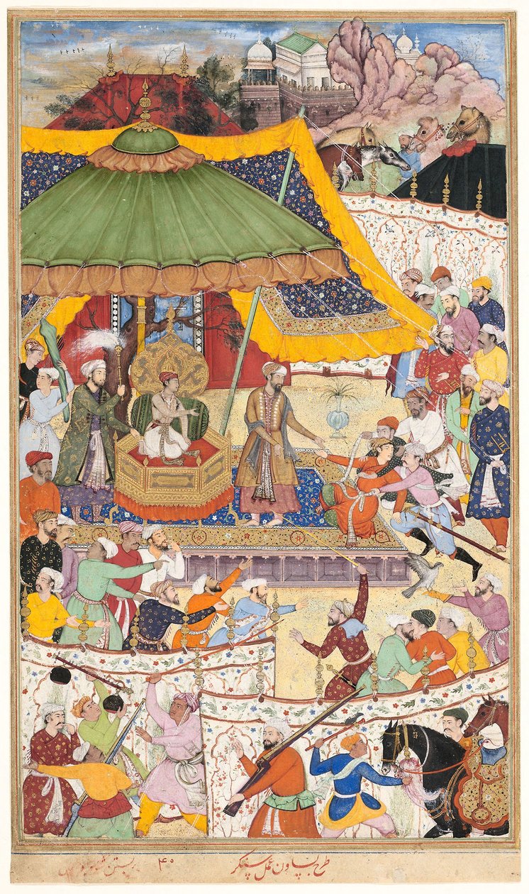 Der junge Kaiser Akbar verhaftet den unverschämten Shah Abul-Maali, Seite aus einem Manuskript des Akbarnama, ca. 1590-95 von Basawan Basawan