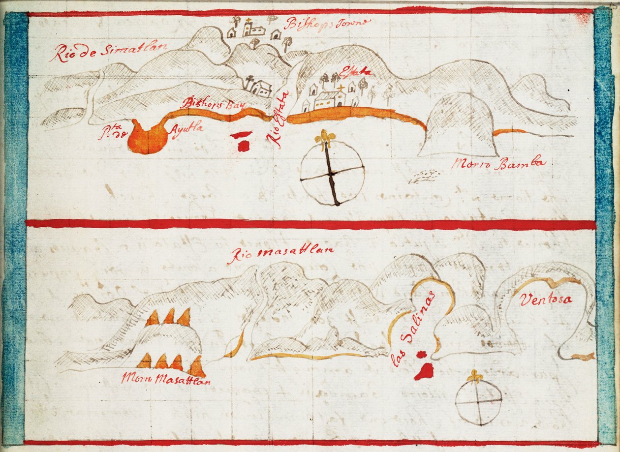 Karte von Santiago Astata und Bahia Ventosa von Basil Ringrose