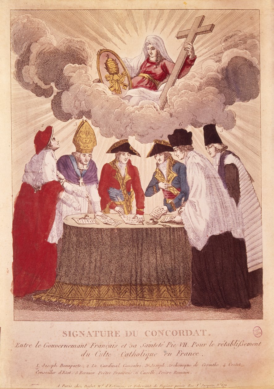 Unterzeichnung des Konkordats zwischen Napoleon und Papst Pius VII., 15. Juli 1801 (Kupferstich) von Basset