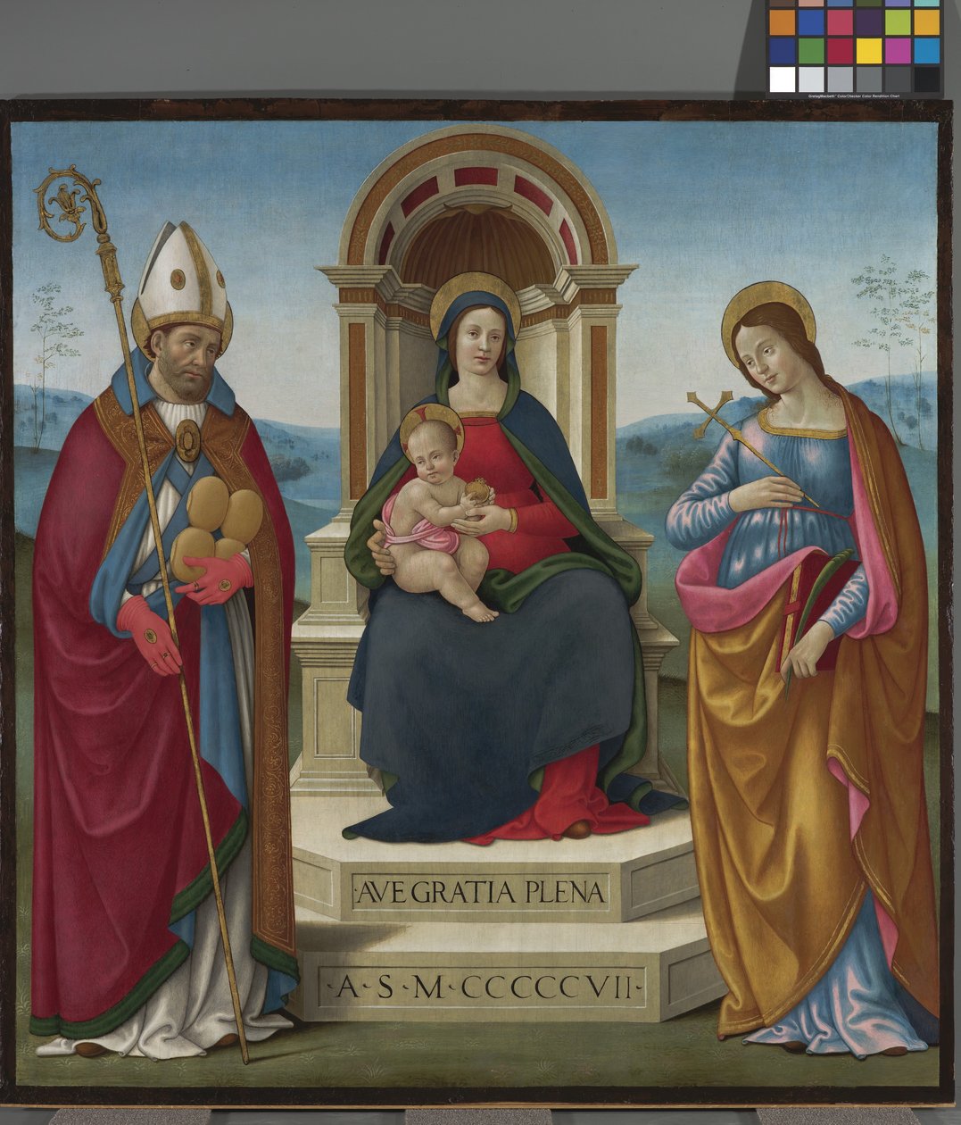Madonna und Kind mit St. Justus von Volterra und St. Margareta von Antiochia von Bastiano Mainardi